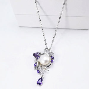 925 Sterling Silver Fashion Simple Leaf White Freshwater Pearl Pendant with Purple Cubic Zirconia and Necklace