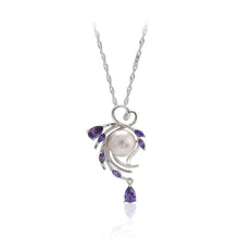 Load image into Gallery viewer, 925 Sterling Silver Fashion Simple Leaf Purple Freshwater Pearl Pendant with Purple Cubic Zirconia and Necklace