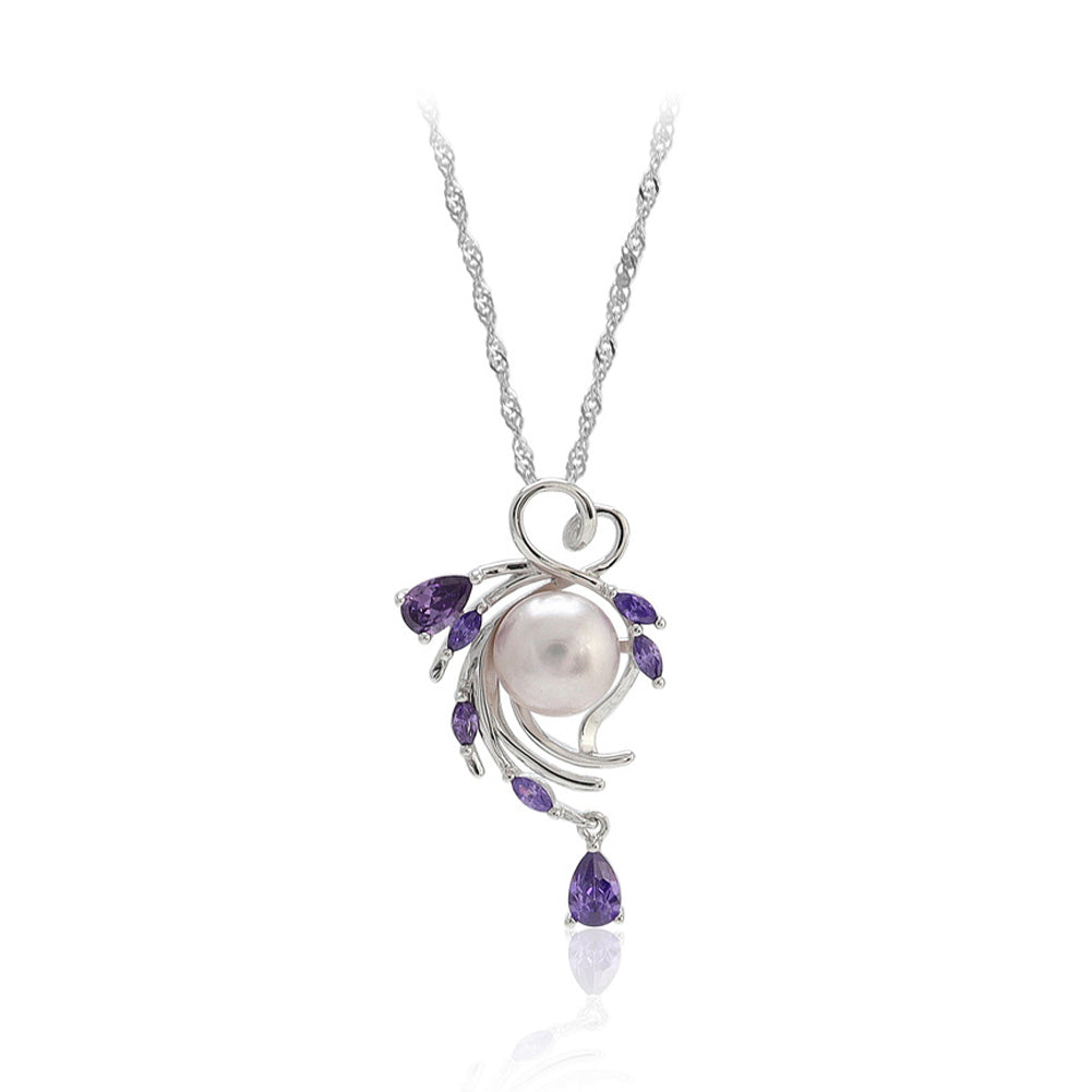 925 Sterling Silver Fashion Simple Leaf Purple Freshwater Pearl Pendant with Purple Cubic Zirconia and Necklace