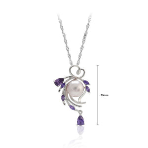 925 Sterling Silver Fashion Simple Leaf Purple Freshwater Pearl Pendant with Purple Cubic Zirconia and Necklace