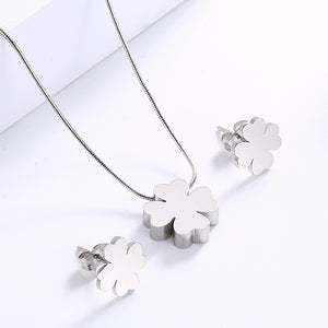 Fashion and Simple Four-leafed Clover 316L Stainless Steel Necklace and Stud Earring Set