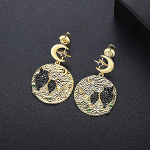 Fashion and Elegant Plated Gold Owl Geometric Round Earrings with Cubic Zirconia