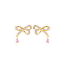 Load image into Gallery viewer, 925 Sterling Silver Plated Gold Simple and Cute Ribbon Stud Earrings with Pink Cubic Zirconia