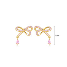 Load image into Gallery viewer, 925 Sterling Silver Plated Gold Simple and Cute Ribbon Stud Earrings with Pink Cubic Zirconia