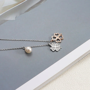 925 Sterling Silver Fashion Four-leafed Clover Cubic Zirconia Pendant with Freshwater Pearls and Necklace