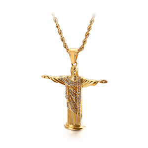 Fashion Classic Plated Gold Jesus 316L Stainless Steel Pendant with Cubic Zirconia and Necklace