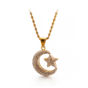 Fashion Bright Plated Gold Moon and Stars 316L Stainless Steel Pendant with Cubic Zirconia and Necklace