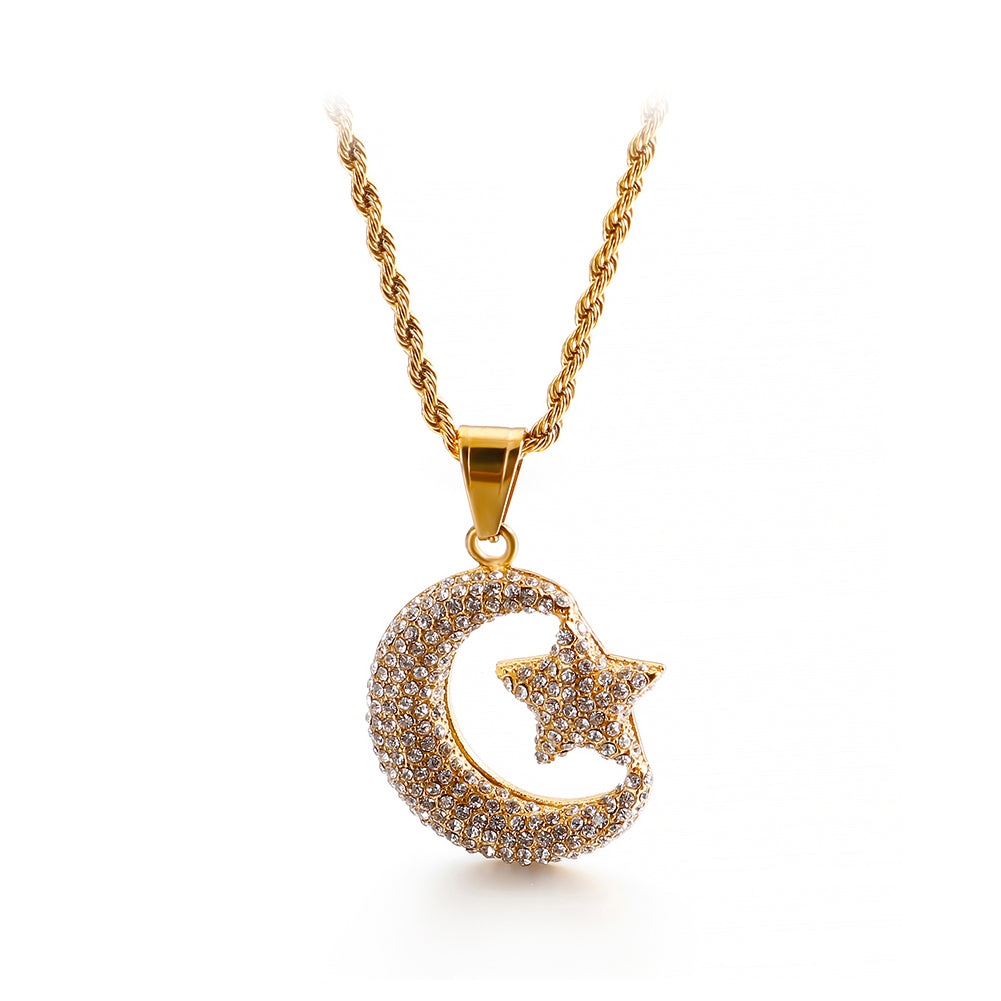 Fashion Bright Plated Gold Moon and Stars 316L Stainless Steel Pendant with Cubic Zirconia and Necklace