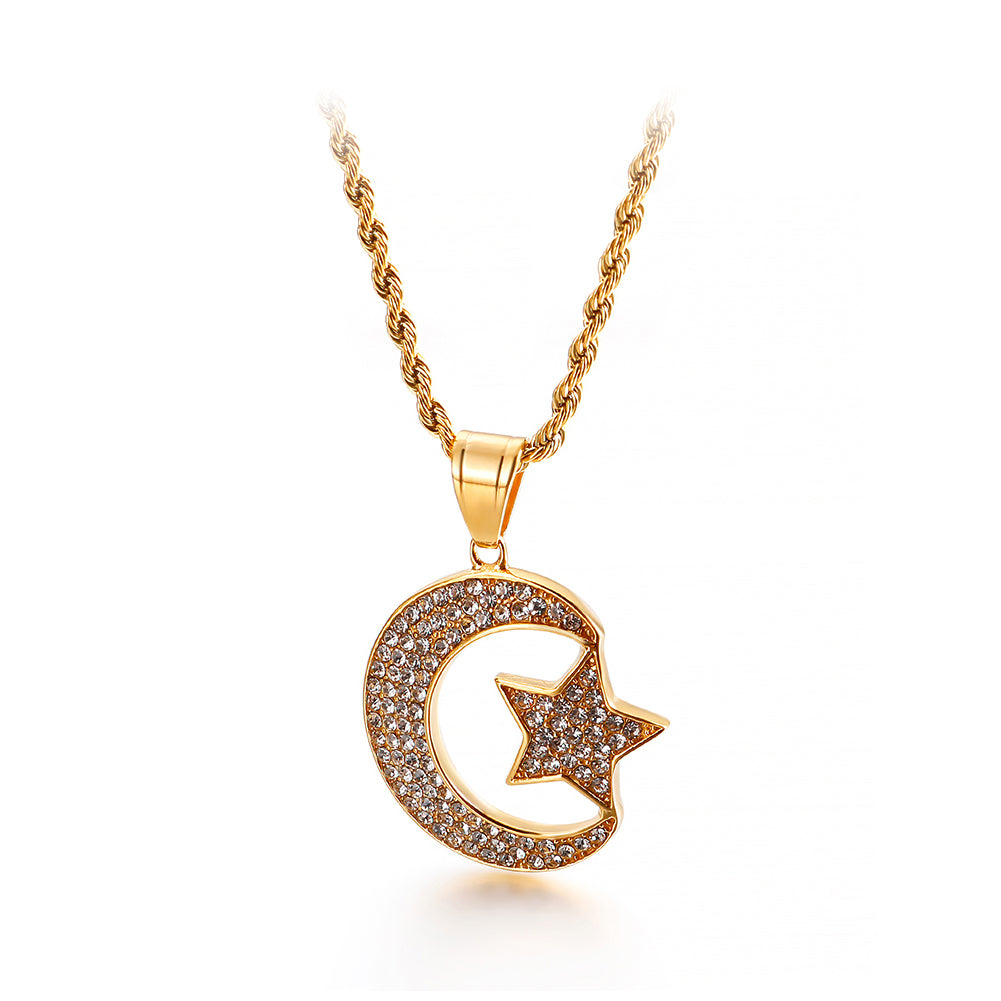 Simple and Bright Plated Gold Moon Star 316L Stainless Steel Pendant with Cubic Zirconia and Necklace