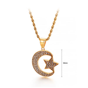 Simple and Bright Plated Gold Moon Star 316L Stainless Steel Pendant with Cubic Zirconia and Necklace