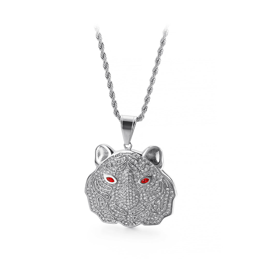 Fashion Bright Red Eye Tiger 316L Stainless Steel Pendant with Cubic Zirconia and Necklace