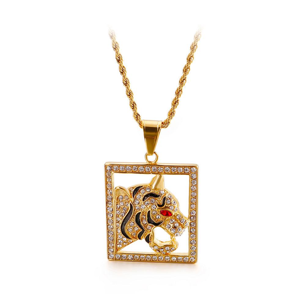 Fashion Domineering Plated Gold Red Eye Tiger Square 316L Stainless Steel Pendant with Cubic Zirconia and Necklace