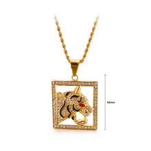 Load image into Gallery viewer, Fashion Domineering Plated Gold Red Eye Tiger Square 316L Stainless Steel Pendant with Cubic Zirconia and Necklace