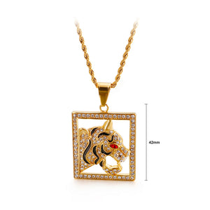 Fashion Domineering Plated Gold Red Eye Tiger Square 316L Stainless Steel Pendant with Cubic Zirconia and Necklace