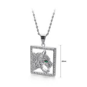 Fashion Domineering Green Eye Tiger Square 316L Stainless Steel Pendant with Cubic Zirconia and Necklace