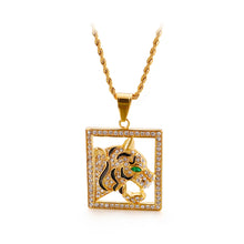 Load image into Gallery viewer, Fashion Domineering Plated Gold Green Eye Tiger Square 316L Stainless Steel Pendant with Cubic Zirconia and Necklace