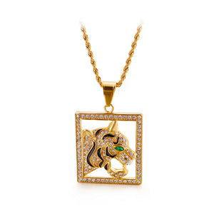 Fashion Domineering Plated Gold Green Eye Tiger Square 316L Stainless Steel Pendant with Cubic Zirconia and Necklace