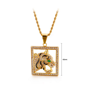 Fashion Domineering Plated Gold Green Eye Tiger Square 316L Stainless Steel Pendant with Cubic Zirconia and Necklace