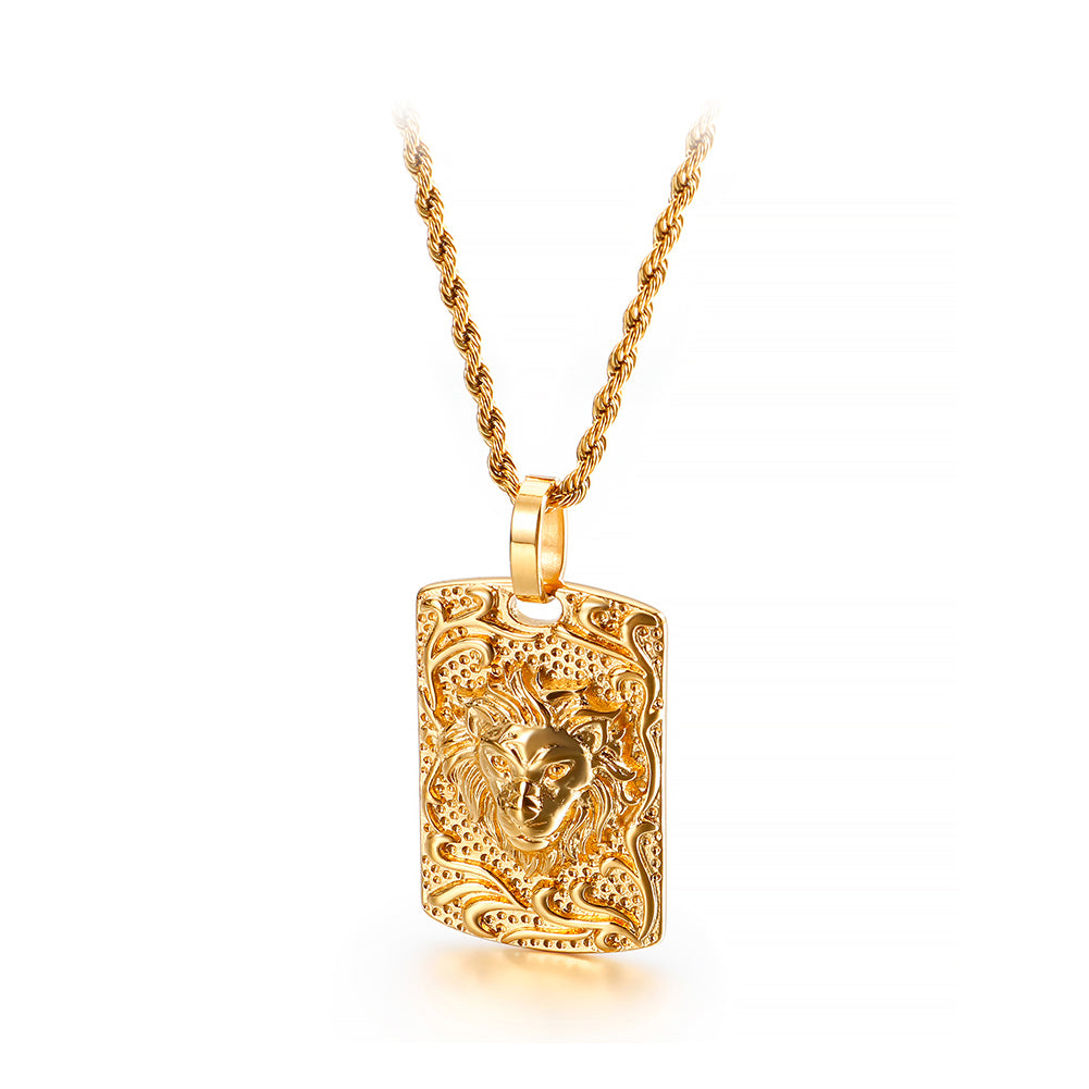 Fashion Personality Plated Gold Lion Square 316L Stainless Steel Pendant with Necklace