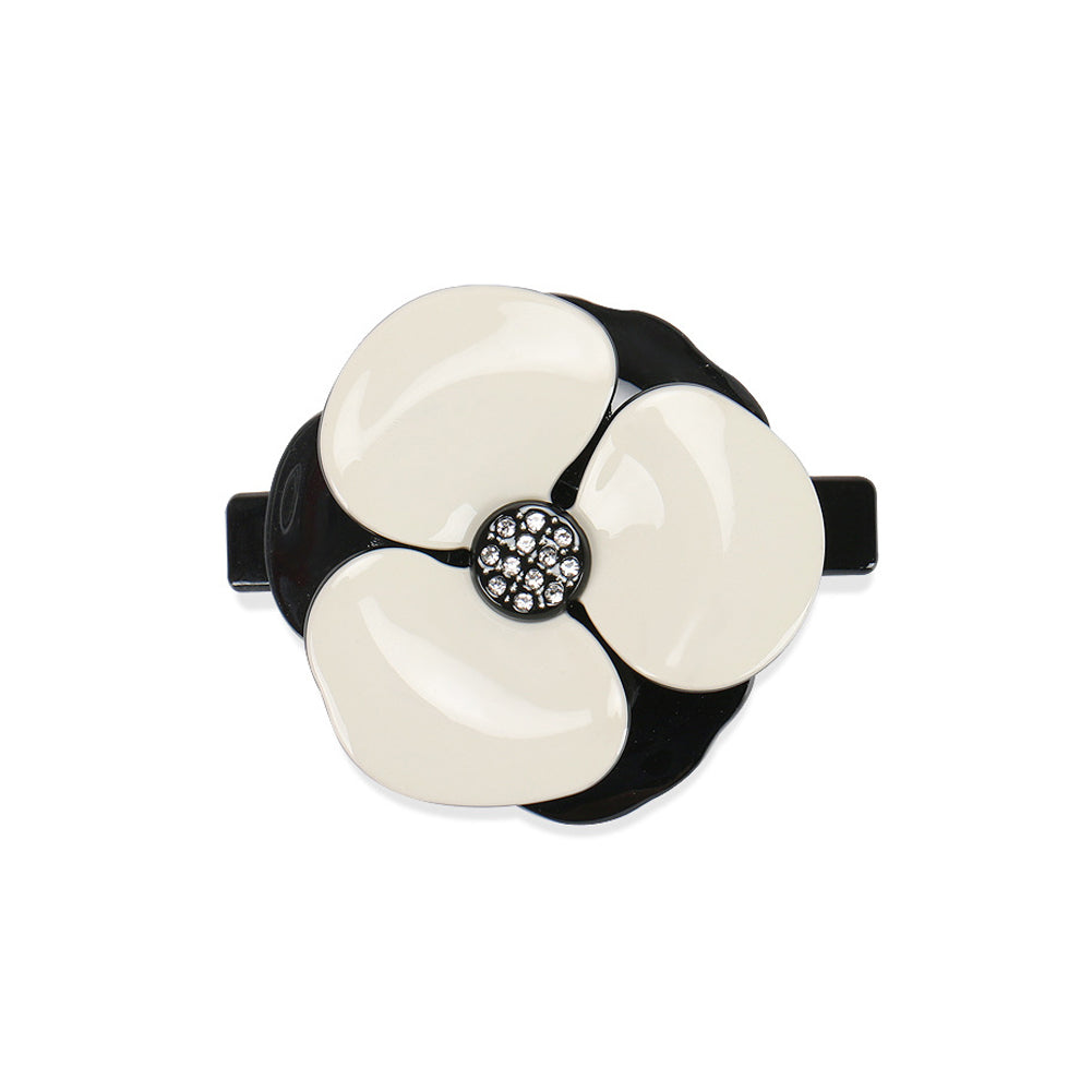 Fashion and Elegant Black and White Camellia Large Hair Slide with Cubic Zirconia