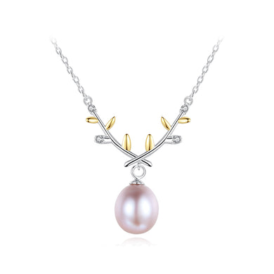 925 Sterling Silver Fashion Temperament Golden Leaf Purple Freshwater Pearl Necklace