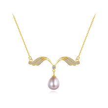 Load image into Gallery viewer, 925 Sterling Silver Plated Gold Simple Fashion Angel Wings Purple Freshwater Pearl Necklace with Cubic Zirconia