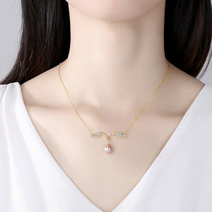 925 Sterling Silver Plated Gold Simple Fashion Angel Wings Purple Freshwater Pearl Necklace with Cubic Zirconia