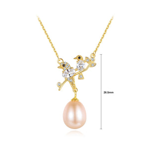925 Sterling Silver Plated Gold Fashion Temperament Bird Pink Freshwater Pearl Necklace with Cubic Zirconia