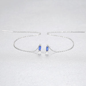925 Sterling Silver Simple Temperament Geometric Freshwater Pearl Tassel Earrings with Blue Cubic Zirconia