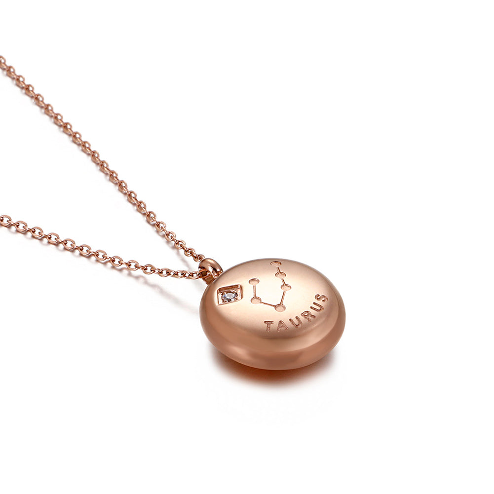 Fashion and Simple Plated Rose Gold Twelve Constellations Taurus Round 316L Stainless Steel Pendant with Cubic Zirconia and Necklace
