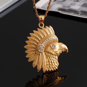 Fashion Domineering Plated Gold Indian Eagle 316L Stainless Steel Pendant with Cubic Zirconia and Necklace