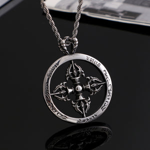 Fashion Vintage Hollow Cross Vajra Round 316L Stainless Steel Pendant with Necklace