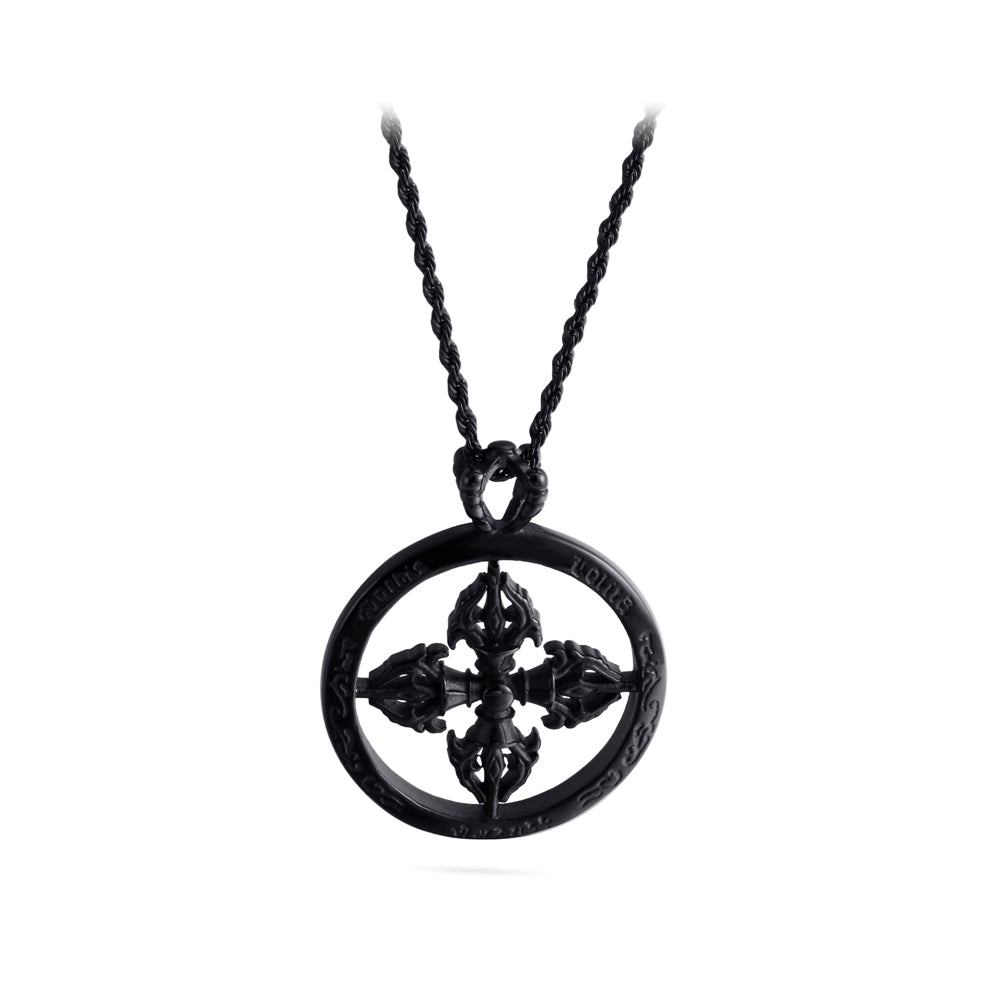 Fashion Vintage Plated Black Hollow Cross Vajra Round 316L Stainless Steel Pendant with Necklace