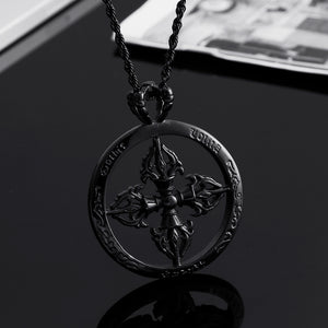 Fashion Vintage Plated Black Hollow Cross Vajra Round 316L Stainless Steel Pendant with Necklace