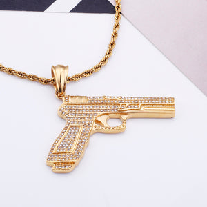 Fashion Personality Plated Gold Plated Pistol 316L Stainless Steel Pendant with Cubic Zirconia and Necklace