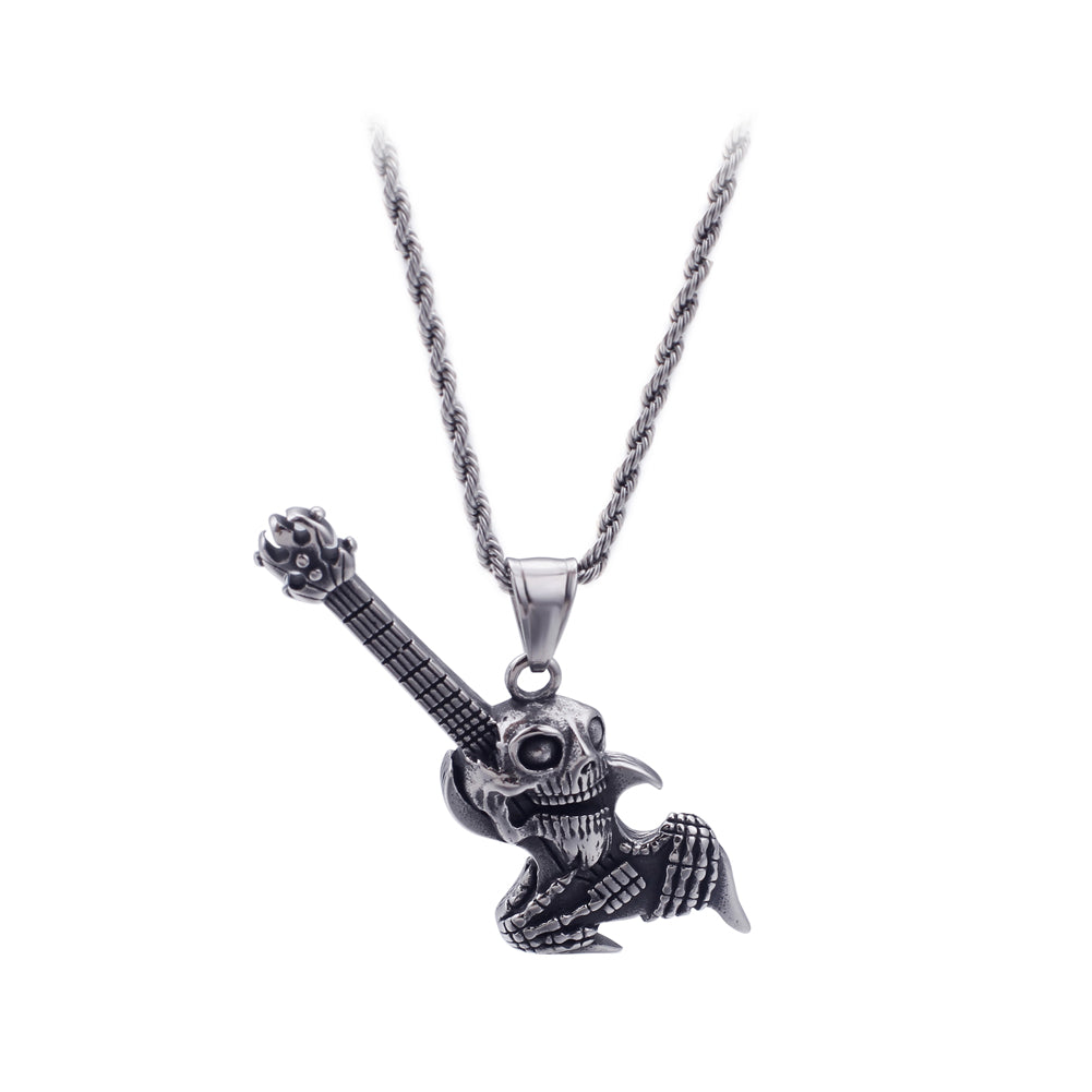Fashion Punk Skull Electric Guitar 316L Stainless Steel Pendant with Necklace