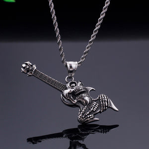 Fashion Punk Skull Electric Guitar 316L Stainless Steel Pendant with Necklace