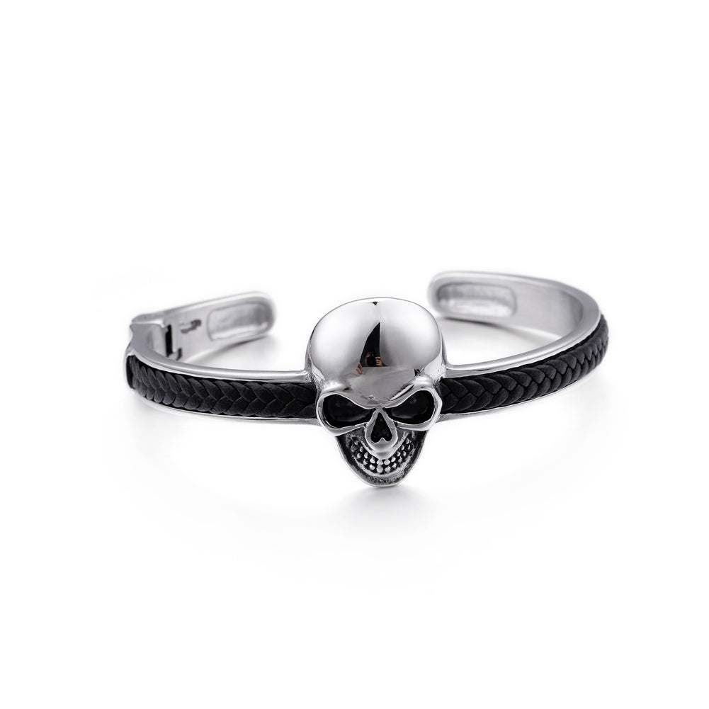Fashion Personality 316L Stainless Steel Skull Leather Open Bangle