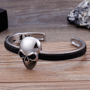 Fashion Personality 316L Stainless Steel Skull Leather Open Bangle