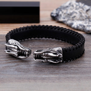 Fashion Personality 316L Stainless Steel Dragon Head Leather Open Bangle