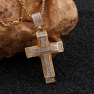 Fashion and Dazzling Plated Gold Cross Cubic Zirconia 316L Stainless Steel Pendant with Necklace