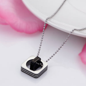 Fashion Simple Black and Silver Two-color Geometric Double Square 316L Stainless Steel Pendant with Necklace