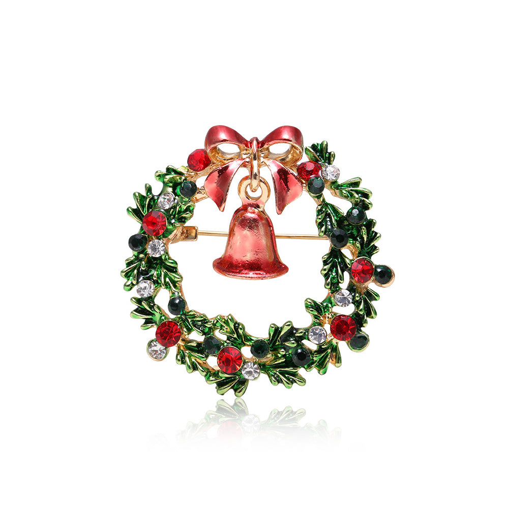 Fashion Personality Plated Gold Christmas Bell Wreath Brooch with Cubic Zirconia