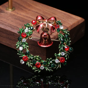 Fashion Personality Plated Gold Christmas Bell Wreath Brooch with Cubic Zirconia