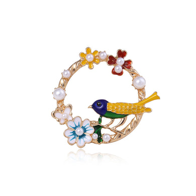 Fashion and Elegant Plated Gold Bird Flower Circle Brooch with Imitation Pearls