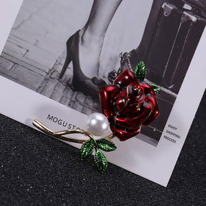 Fashion and Elegant Plated Gold Red Rose Imitation Pearl Brooch