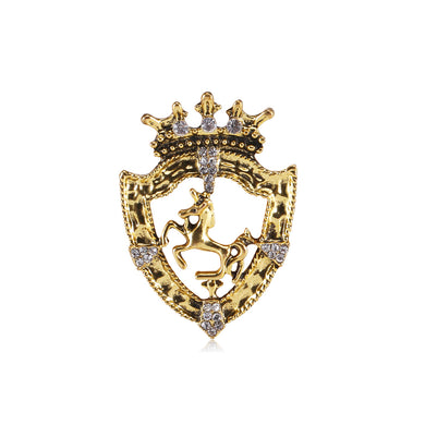 Simple Vintage Plated Gold Shield Crown Horse Brooch with Cubic Zirconia