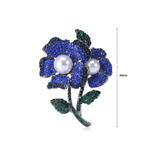 Fashion Bright Blue Double Flower Imitation Pearl Brooch with Cubic Zirconia