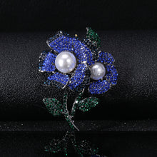 Load image into Gallery viewer, Fashion Bright Blue Double Flower Imitation Pearl Brooch with Cubic Zirconia
