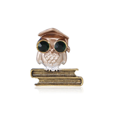 Simple Personality Plated Gold Brown Owl Brooch with Green Cubic Zirconia